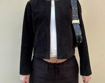 Vintage Black Suede Leather Jacket | Women's 70s Suede Coat | Minimalist Cropped Suede Jacket | Y2K Suede Blazer | Real Suede Outerwear