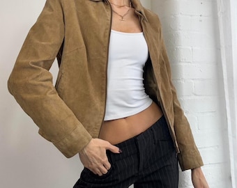 Women's 70s Suede Leather Jacket | Vintage Style Tan Brown Suede Jacket | Minimalist Retro Zip Up Suede Coat | Soft Genuine Suede Outerwear