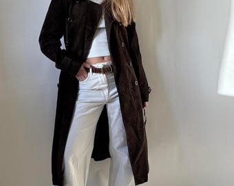 Women Brown Suede Long Coat | Vintage Double Breasted Suede Trench Coat | 1970s Y2k Long Bohemian Suede Coat