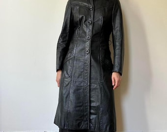 Abrigo de cuero negro para mujer - Gabardina extragrande estilo vintage - Abrigo largo de piel de oveja auténtica - Regalo para ella