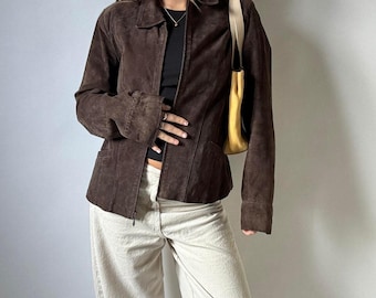 Women’s Brown Suede Jacket | Vintage Style Suede Leather Jacket | Minimalist 70s Brown Suede Blazer | Retro Soft Suede Coat Women