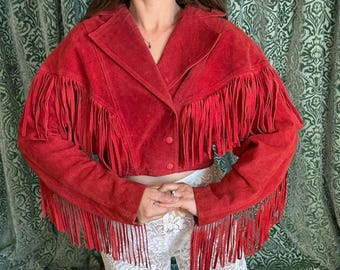 Chaqueta roja con flecos de los años 70 para mujer: chaqueta corta estilo western, chaqueta vaquera vintage con borlas, chaqueta de ante estilo bohemio para festivales.