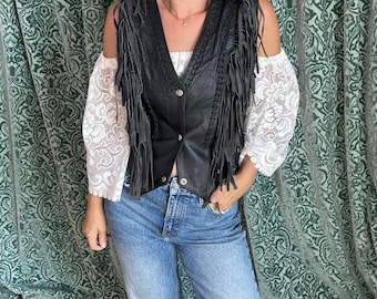 Women's Black Fringe Vest | 70s Leather Fringe Vest | Cowgirl Style Tassel Vest | Boho Biker Handmade Vest