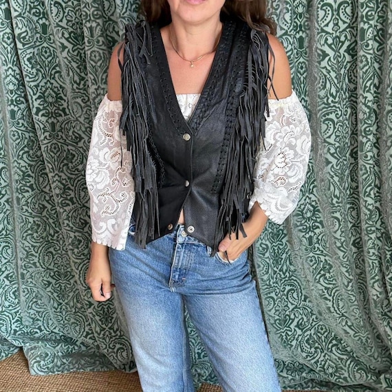 Women's Black Fringe Vest | 70s Leather Fringe Vest | Cowgirl Style Tassel Vest | Boho Biker Handmade Vest