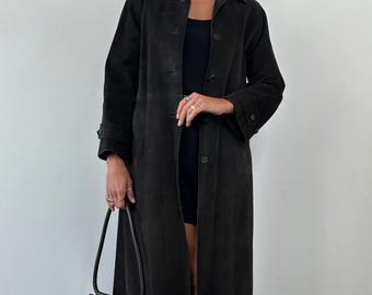 Women's Suede Leather Coat - 70s Brown Trench Coat Women - Vintage Bohemian Y2k Long Leather Coat - Genuine Suede Leather Women Coat