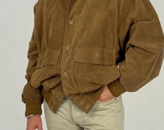 Men's Brown Suede Leather Bomber Jacket - 70s Vintage Suede Leather Jacket - Western Suede Jacket Men - Boho Leather Outerwear