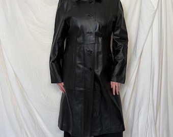 1970's Vintage Leather Long Coat | Women Black Western Leather Trench Coat | Single Breasted Military Outwear Leather Coat
