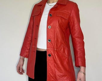 Vintage Red Leather Coat Women | 90s Button Up Leather Blazer Jacket | Classic Real Leather Long Jacket | Retro Genuine Leather Winter Coat