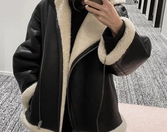 Blouson aviateur vintage en peau de mouton retournée - Manteau aviateur en fourrure de mouton véritable - Blouson aviateur noir des années 90 en cuir véritable pour femme