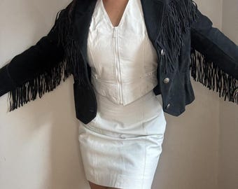 Women's Fringe Leather Jacket | Vintage Cropped Suede Jacket | 70s Black Western Jacket