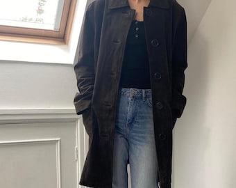 Women Vintage Suede Leather Coat | 70s Chocolate Brown Suede Coat | Button Up Suede Trench Coat | Minimalist Suede Jacket | Fall Winter Coat