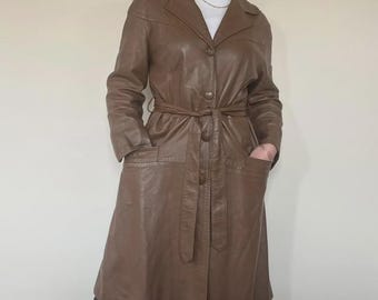 Women’s Brown Leather Trench Coat | 90s Style Belted Leather Long Coat | Classic Leather Overcoat | Gift For Her