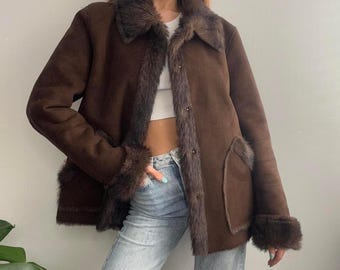 Women's Brown Suede Shearling Jacket | Y2K Faux Fur Suede Jacket | Vintage 70s Shearling Coat | Winter Fur Trim Leather Jacket