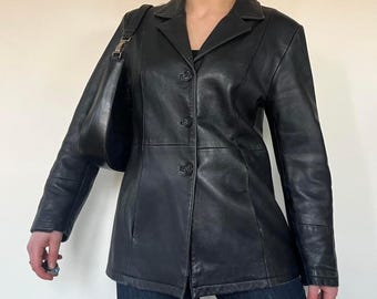 1980s Vintage Black Leather Blazer for Women – Retro Genuine Leather Coat - Classic Oversized Real Leather Jacket