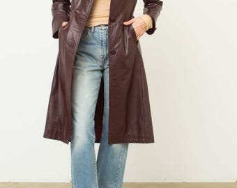 Women Single Breasted Long Leather Coat | 70s Belted Leather Trench Coat | Women Black Outwear Coat | Fallout Leather Long Coat