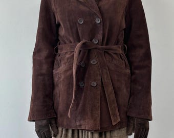 Vintage 70s Double Breasted Brown Suede Jacket – Women's Belted Genuine Suede Leather Coat - Boho Style Button-Up Suede Leather Jacket
