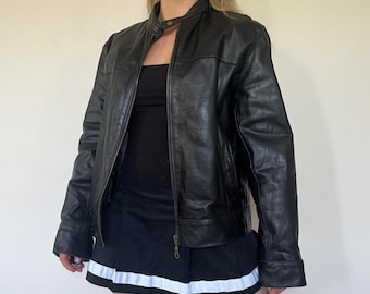 Giubbotto bomber in pelle nera vintage - Capispalla in pelle di pecora anni '90 - Giacca in pelle retrò da donna