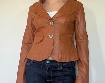 Women’s Brown Real Leather Jacket – Vintage Cropped Leather Coat with Button Closure | Retro Leather Blazer Jacket | Women Leather Outerwear