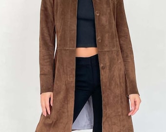 Women's 70s Suede Leather Coat - Vintage Brown Suede Trench Coat - Western Style Fallout Long Outwear Coat - Oversized Suede Coat