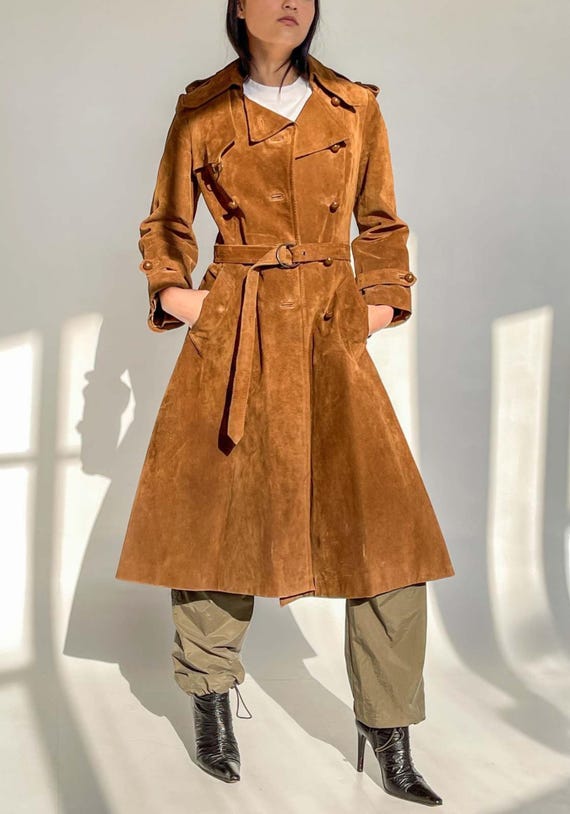 Vintage Brown Suede Trench Coat | 70s Double Breasted Suede Coat Women | Full Length Suede Leather Coat | Fallout Winter Outwear Coat