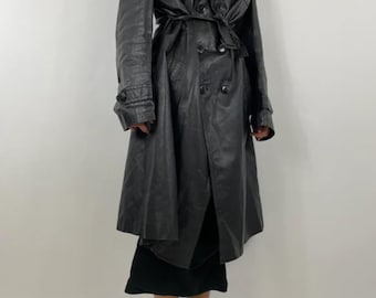 Vintage Full-Length Black Leather Trench Coat | 100% Real Genuine Long Leather Coat| Women's Belted Double Breasted Overcoat |