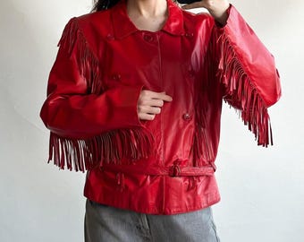 Red Leather Fringe Jacket Women | Western Style Genuine Leather Jacket | Cowgirl Fringe Leather Jacket | 90s Retro Tassel Jacket |