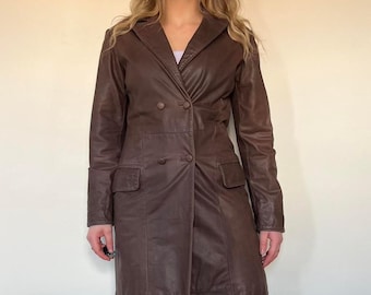 Vintage Brown Leather Trench Coat Women | Double Breasted Leather Overcoat | 90s Leather Long Coat | Bohemian Brown Leather Coat