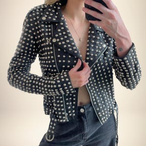 Women Studded Leather Jacket | Heavy Metal Black Punk Rock Jacket | Silver Studded Details | Handmade Gothic Outerwear