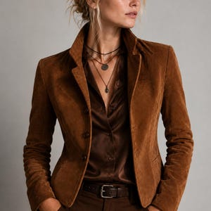 May include: A brown suede blazer featuring a structured collar, long sleeves, and a three-button front closure. The blazer is worn over a dark brown satin button-down shirt, paired with dark brown trousers and a dark brown leather belt.