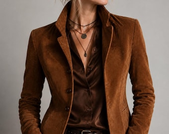 May include: A brown suede blazer featuring a structured collar, long sleeves, and a three-button front closure. The blazer is worn over a dark brown satin button-down shirt, paired with dark brown trousers and a dark brown leather belt.