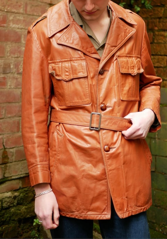 Men's Vintage Tan Leather Jacket | Belted 90s Leather Coat | Retro Men’s Leather Blazer Jacket | Brown Utility Pocket Leather Coat
