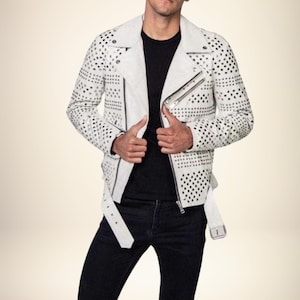White Studded Leather Jacket For Men | Handcrafted Heavy Metal Gothic Jacket | Steampunk Moto Jacket | Real Leather Rocker Brando Style