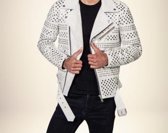 Men's White Studded Leather Jacket: Handmade Gothic Rocker Style