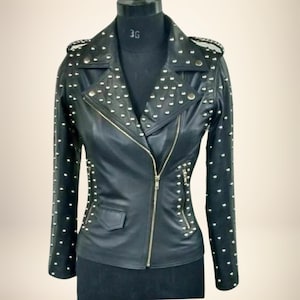 Women Studded Leather Jacket | Black Gothic Rocker Jacket | Silver Stud Real Leather Motorcycle Jacket | Steampunk Halloween Jacket |