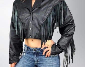 Women’s Black Fringe Leather Jacket - Vintage Cropped Style Tassel Jacket - 90s Cowgirl Fringe Jacket - Real Leather Biker Jacket