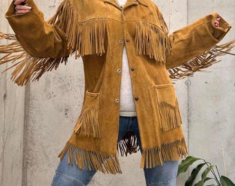 Brun mockajacka med fransar för dam | Cowgirl-mockajacka i 70-talsstil | Mockakappa i bohemisk västerländsk stil | Handgjord vinterjacka