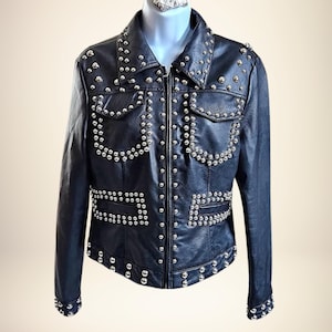 Womens Studded Leather Jacket | Black Steampunk Jacket | Handmade Silver Stud Biker Jacket | Gothic Rivet Jacket | Rocker Punk Moto Jacket |