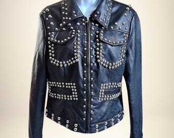 Handmade Studded Black Leather Biker Jacket: Gothic Punk Moto Style