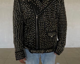 Men's Studded Leather Jacket | Gothic Silver Stud Leather Jacket | Punk Rock Sheepskin Leather Studded Jacket | Vintage Biker Leather Coat |
