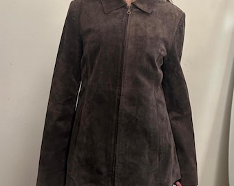 Vintage Dark Brown Suede Leather Jacket | Women Y2K 70s Leather Coat | Minimal Zip-Up Suede Jacket | Handmade Suede Outerwear | Gift For Her