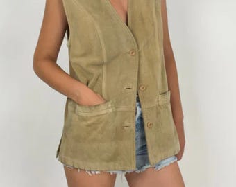 Vintage Brown Suede Vest Women – Western Style Boho Leather Waistcoat | 70s Suede Vest | Minimalist Suede Leather Vest
