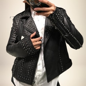 Women Studded Leather Jacket | Black Steampunk Gothic Jacket | Real Leather Punk Jacket | Handmade Halloween Jacket |