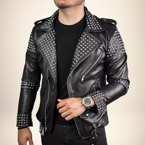 Men&#39;s Black Studded Leather Jacket | Sheepskin Punk Rocker Jacket | Handmade Silver Stud Steampunk Coat