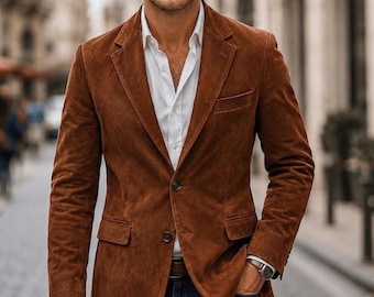 Mens Brown Suede Blazer | Vintage Style Suede Leather Coat | 70s Mens Suede Jacket | Classic Brown Coat