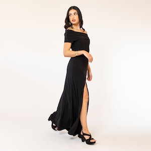 Black Puff Sleeve Midi Dress – Structured Elegant Dress with Round Neck – Statement Sleeve Dress – Natalia Seguel Design