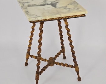 Antique Wood Side Table with Marble Top and Barley Twist Legs