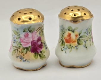 Vintage Bavarian Floral Salt & Pepper Shakers - Round with Gold Tops