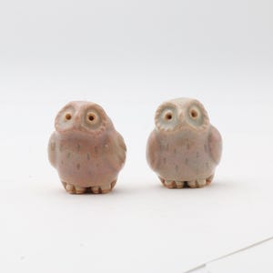 以下が含まれることがあります： 2つのセラミック製のフクロウの置物。フクロウは、明るい茶色の釉薬で座った姿勢をしています。目は濃い茶色で、足は詳細です。背景は白です。