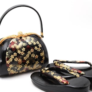 Vintage Japanese Handbag and Zori Sandals Black Gold Sakura Cherry Blossom Geisha Maiko Accessory