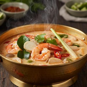 Può includere: Una fumante ciotola di zuppa Tom Yum con gamberi, funghi ed erbe. La ciotola dorata ha manici e poggia su una superficie di legno scuro. Guarnizioni: spicchi di lime, peperoncini rossi e coriandolo.